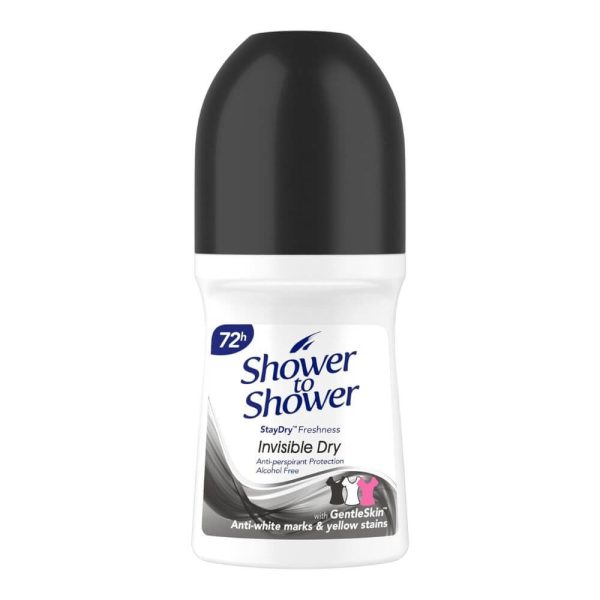Shower to Shower, women roll-on, anti-perspirant, Invisible Dry, black and white bottle