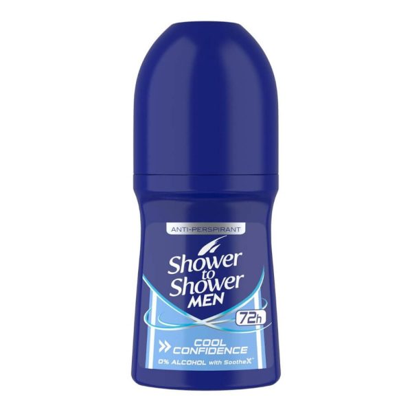 Shower to Shower, men, Cool Confidence, roll-on, anti-perspirant, blue bottle