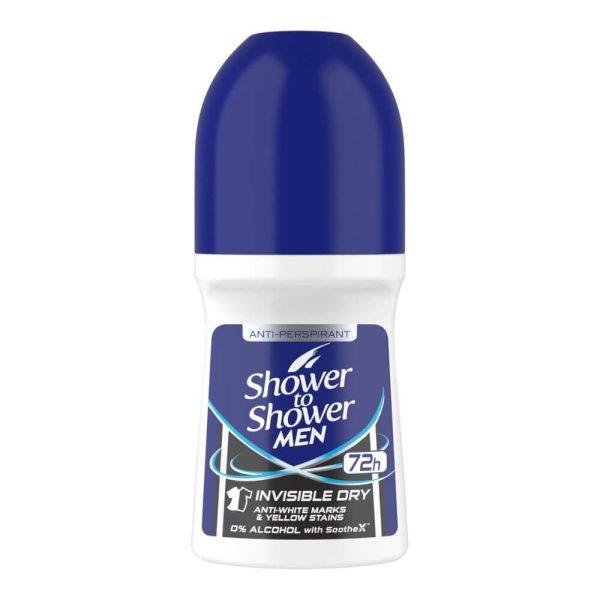 Shower to Shower, men, anti-perspirant, roll-on, invisible dry, blue and white bottle